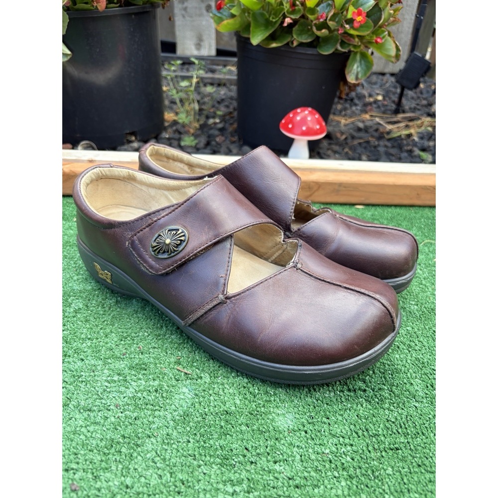 Alegria Mary Jane Shoes Brown Leather Split Toe Clogs Women's EU 42 US 11.5-12